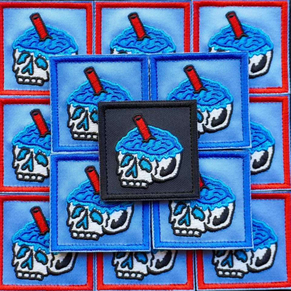Blue Brain Freeze patches embroidered with a skull-shaped frozen drink