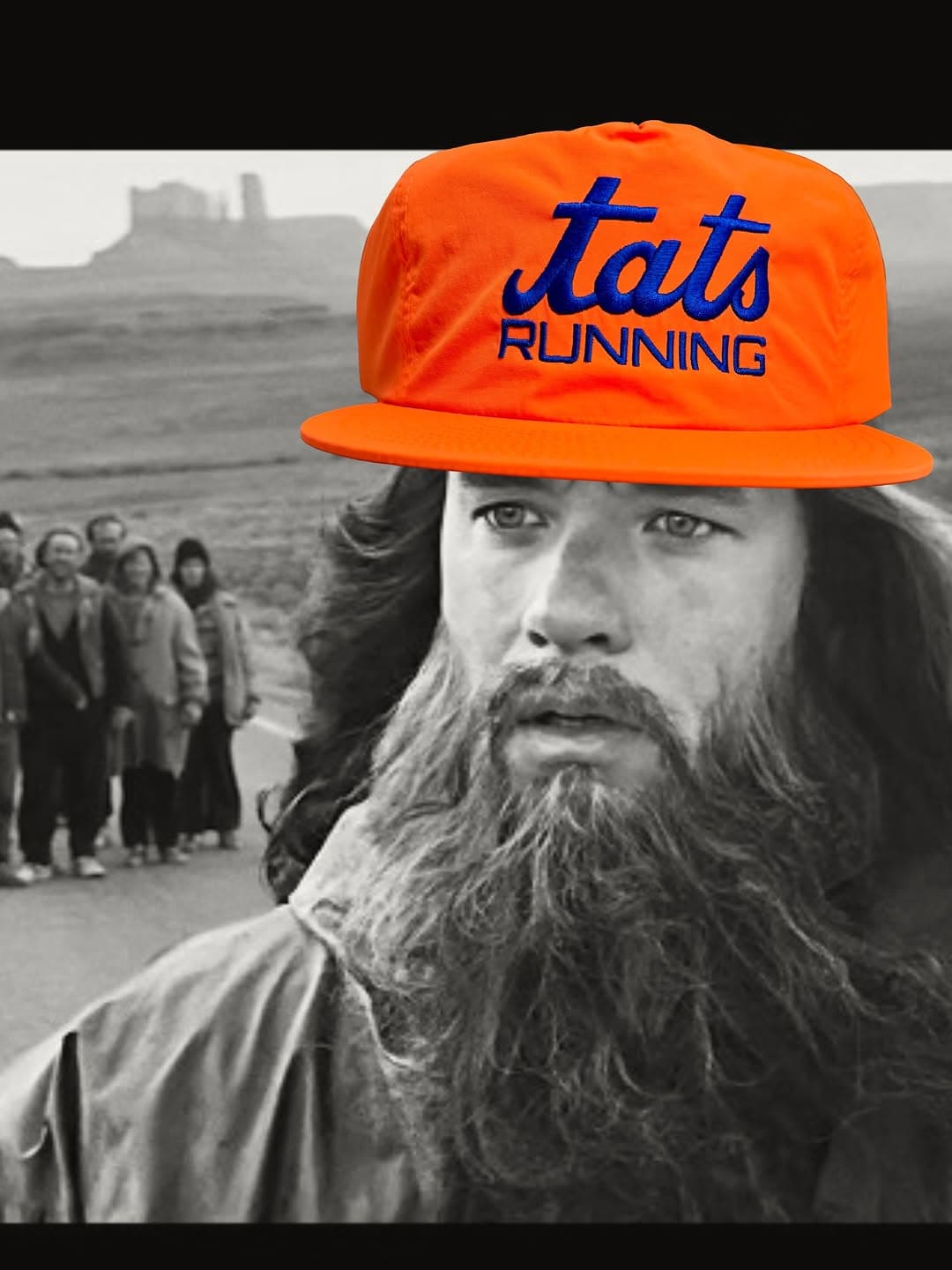 A fluorescent orange cap embroidered in blue with Tats Running lettering